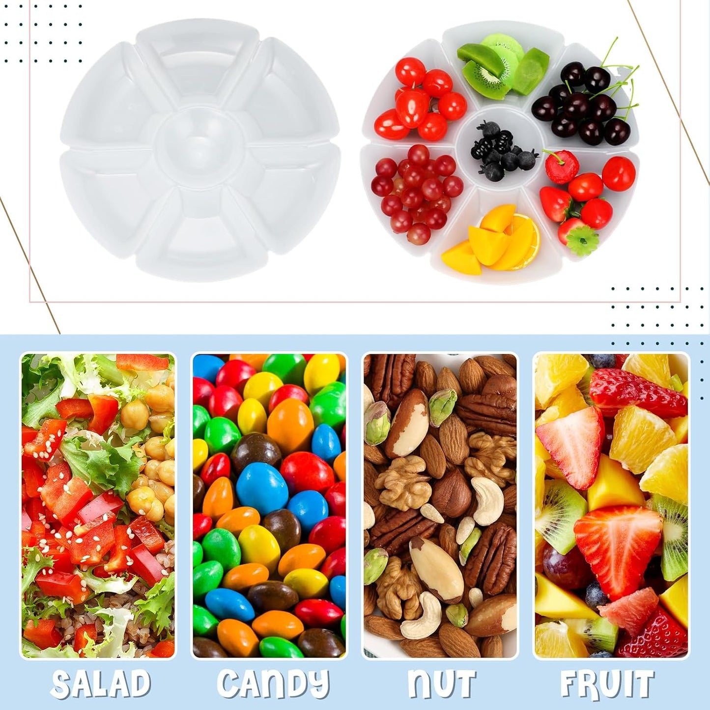 Zhehao 6 Pcs Plastic Divided Serving Trays with 60 Pcs Disposable Fork, 7 Compartments Round Chip Dip Plate, Petal Shape Platter, 10.6'' Snacks Serving Dish for Party Candy Nuts Fruits (Vibrant Color)