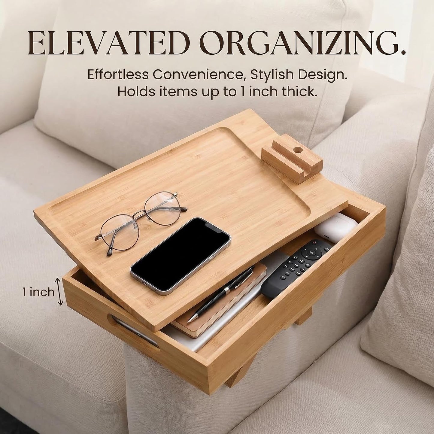 Premium Bamboo Sofa Arm Tray with 360° Swivel Lid & Phone Holder | 3-in-1 Couch Armrest Table with Hidden Storage for Drinks, Snacks, Remote (lid)