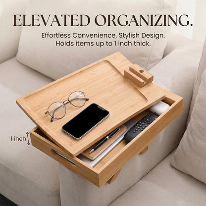 Premium Bamboo Sofa Arm Tray with 360° Swivel Lid & Phone Holder | 3-in-1 Couch Armrest Table with Hidden Storage for Drinks, Snacks, Remote (lid)