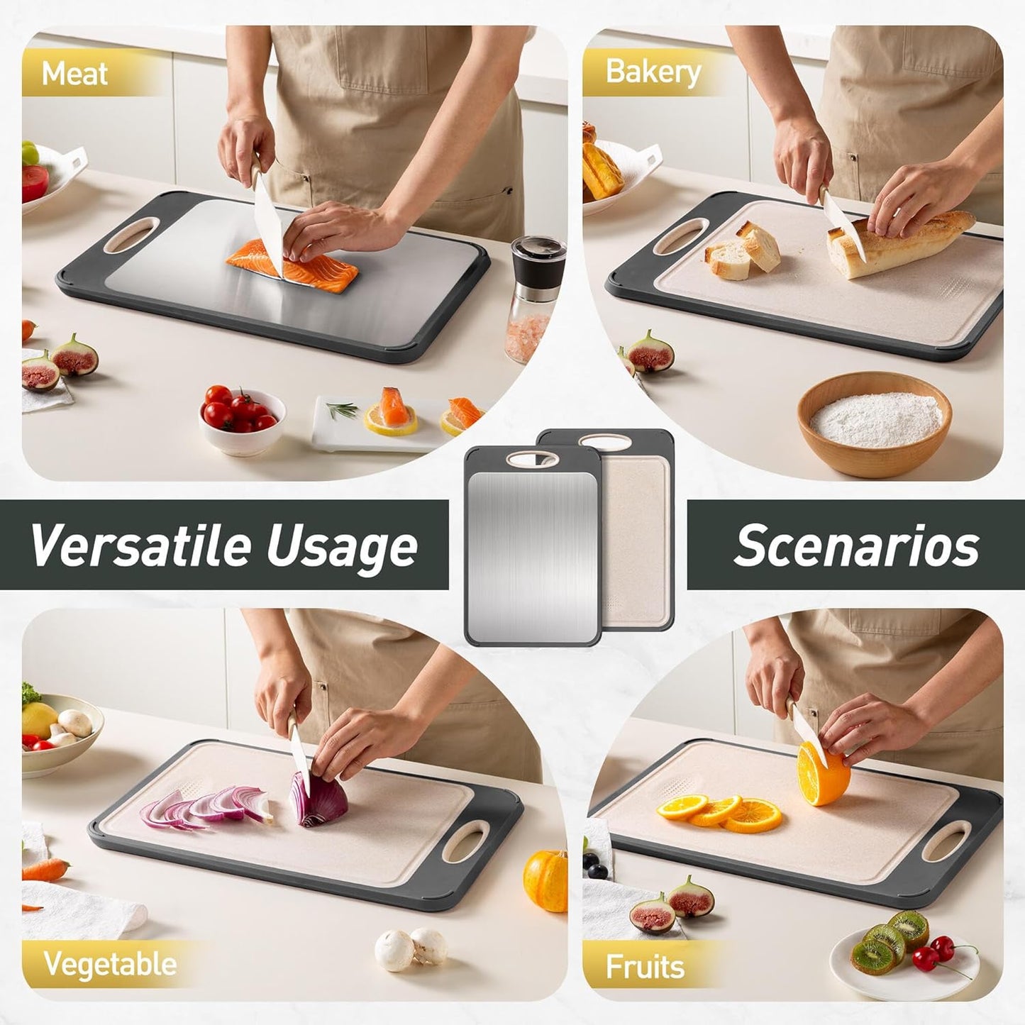 2 Packs Stainless Steel Cutting Board Set, Best Non Toxic Cutting Boards for Kitchen, Double Sided Metal Chopping Board for Meat/Fruit/Vegetables, Food Grade Kitchen Set Gift, [16”×11”+18”×12” Inch]