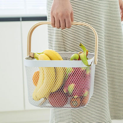 AJIODA Metal Mesh Wire Basket, Large Steel Basket with Wooden Handle Storage Organizer Basket Multi-functional Hanging Kitchen Baskets Fruit Baskets for Kitchen Bathroom Cabinet Pantry Snacks, Black