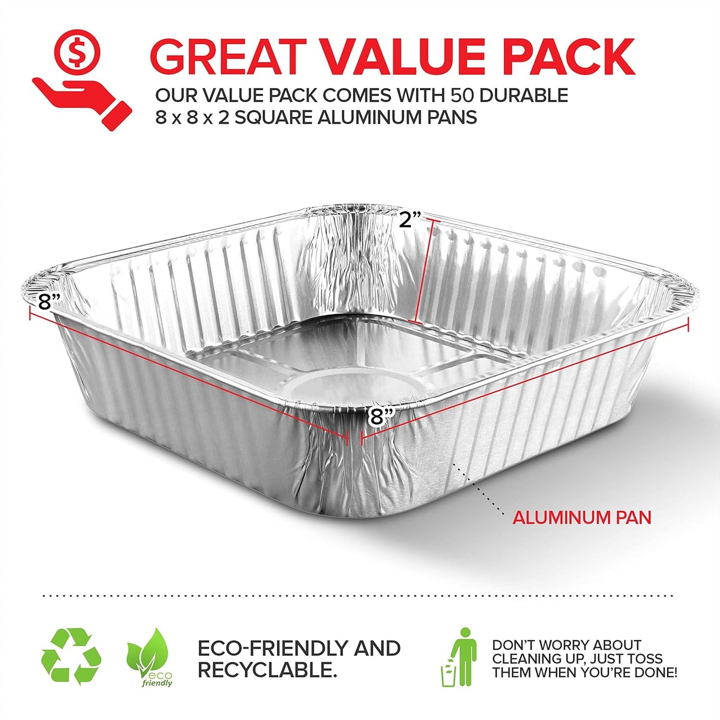 Stock Your Home Aluminum Pans 8x8 Disposable Foil Pans (20 Pack) - 8 Inch Square Pans - Tin Foil Pans Great for Cooking, Heating, Storing, Prepping Food