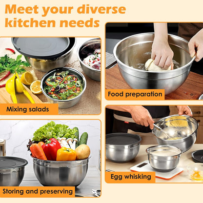 Mixing Bowls with Lids Set of 3,Stainless Steel Mixing Bowls with 3 Grater Attachments,Metal Nesting Salad Bowl for Cooking,Prepping, Serving Food,Stackable Design,Size 4.5/2.5/1.5 QT (Black)