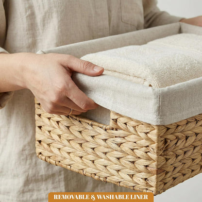 Set of 2 Hyacinth Woven Baskets, Lined Rect Pantry Shelf Storage Organizer | Durable, Long-lasting use, Removable & Washable Liner, Multi-Size Set for Versatile Storage,Two Rectangular Baskets
