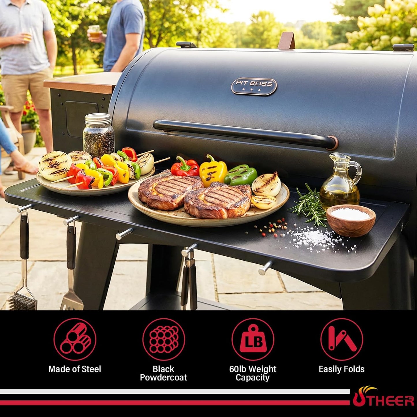 Upgraded Grill Table for Weber Kettle 22"/18"/26", Master Touch 22", Smokey Mountain, Recteq Pellet Grill RT-B380, Prep Station with Cutting Board, Basin, 4 Hooks, Shelf for Weber Kettle Accessories