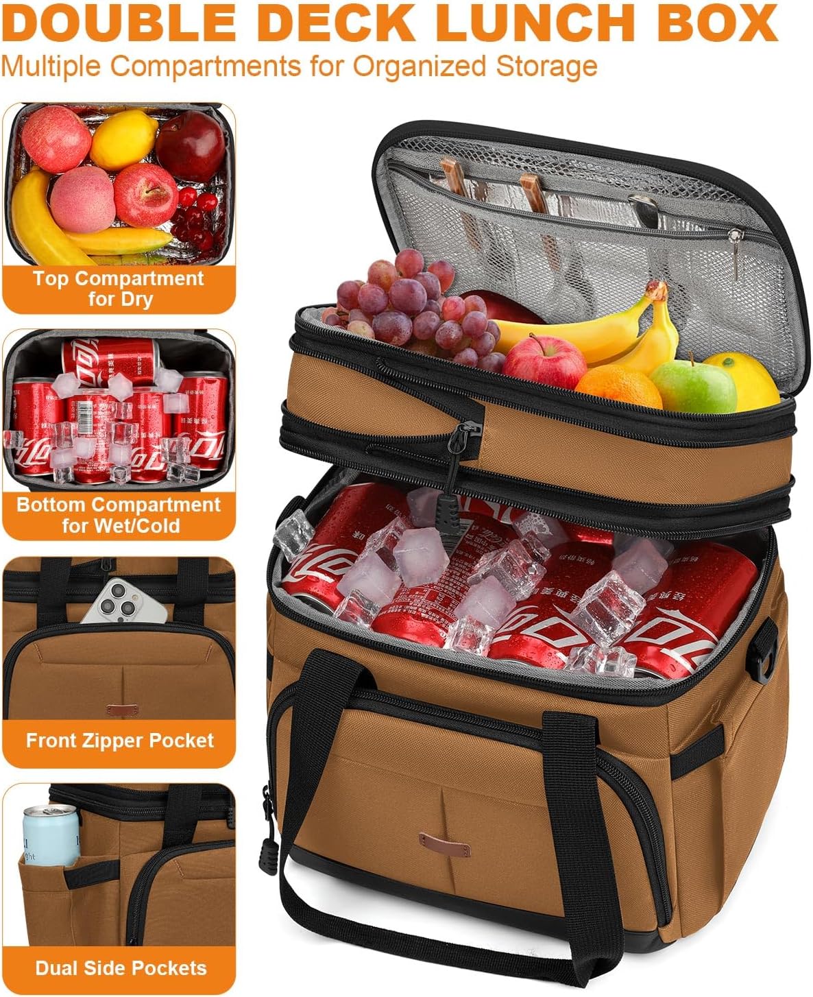 Pritent Lunch Box For Men Women Double Deck Insulated Lunch Bag For Men Woman Leakproof Expandable Cooler Bag with Adjustable Shoulder Strap for Kids Shool Work Picnic Camping(Beige,Large)