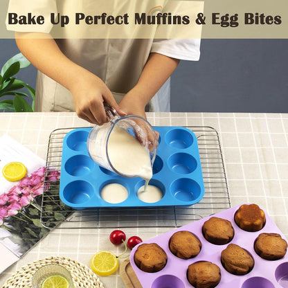 24 Cups Silicone Mini Muffin Pan Set, Nonstick Mini Cupcake Pans, BPA Free Small Muffin Tin for Baking, Set of 2 (Green+Purple)
