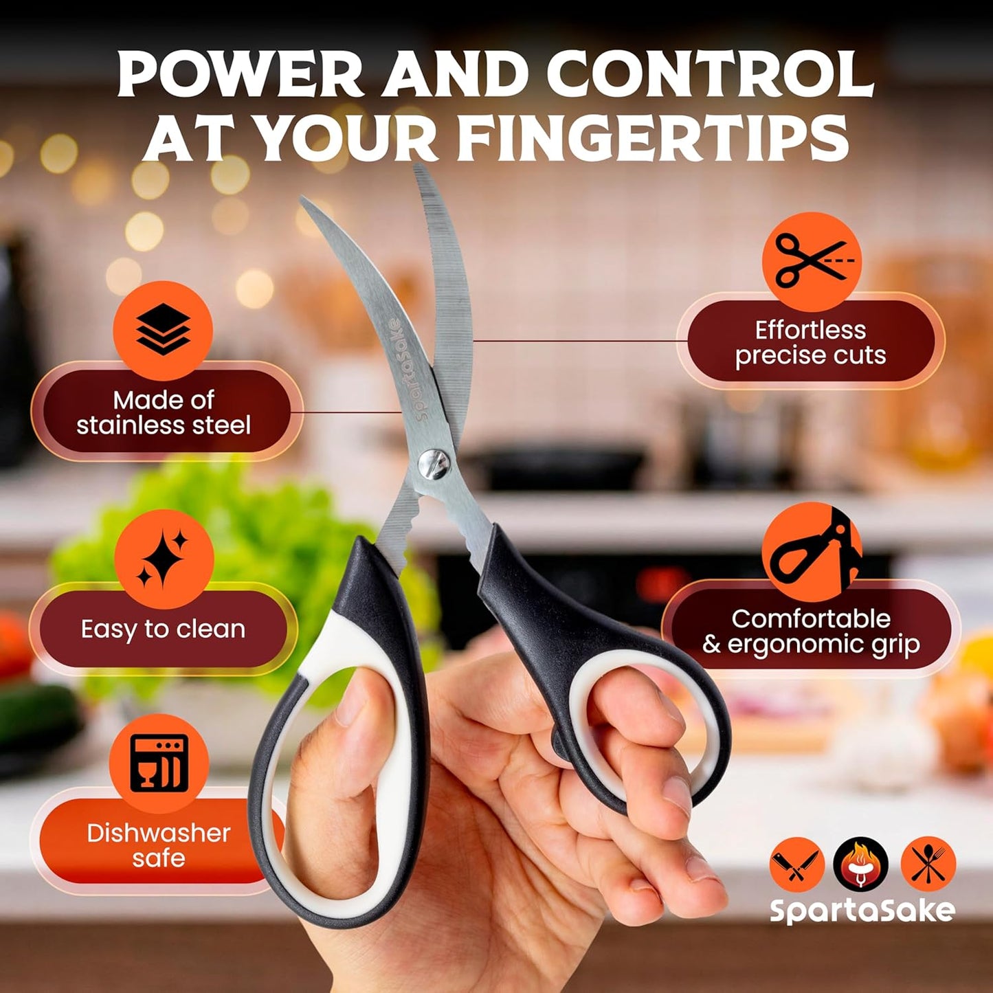 SpartaSake Premium Stainless Steel All Purpose Kitchen Shears with Sleeve - Heavy Duty Ultra Sharp kitchen Scissors for Food - Multipurpose Food Scissors for Meat Poultry Vegetable (Black-White)