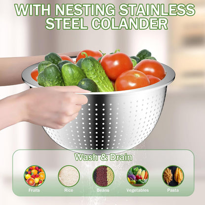 DUTZUN Mixing Bowls with Lids Set - 16pcs Stainless Steel Mixing Bowl Set with Colander, 3 Grater Attachments, Non-Slip Bottom, Metal Nesting Bowls with Strainer for Mixing & Serving - Black