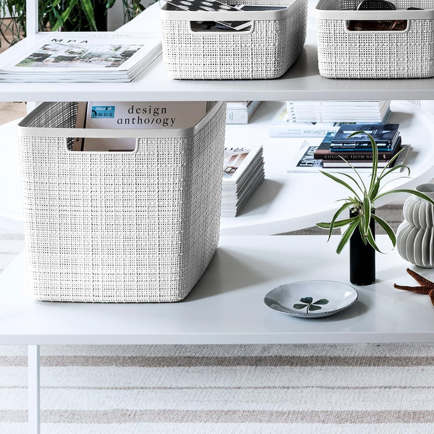 Curver Set of 4 Large 18L Easy Access Jute Decorative Plastic Organization and Storage Baskets - Perfect Bins for Home Office, Closet Shelves, Kitchen Pantry and All Bedroom Essentials, Black