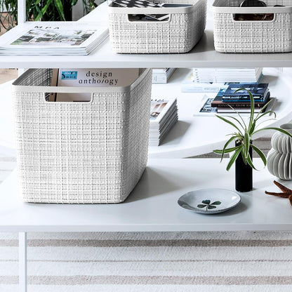 Curver Set of 4 Large 18L Easy Access Jute Decorative Plastic Organization and Storage Baskets - Perfect Bins for Home Office, Closet Shelves, Kitchen Pantry and All Bedroom Essentials, Black