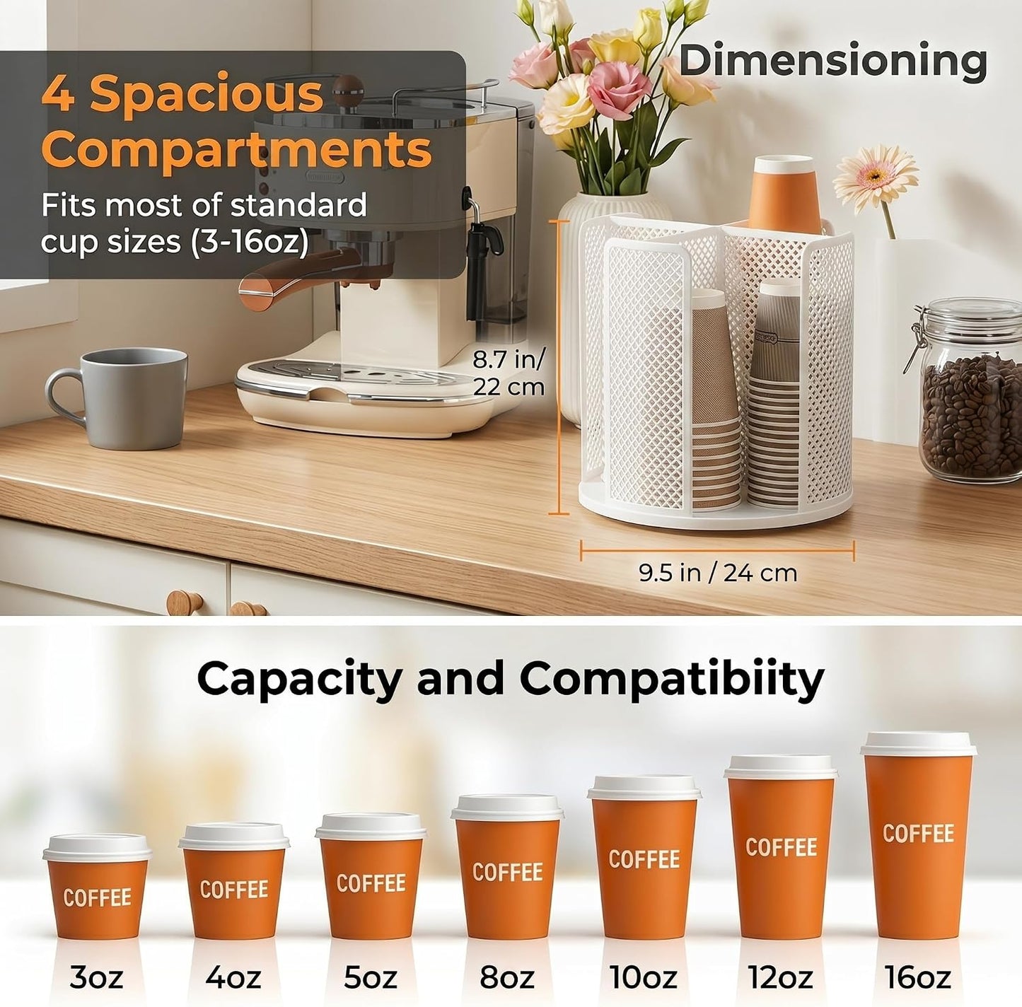Eorbow 2 Pack Paper Cup & Lid Holder, Rotating Coffee Cups Dispenser with 4 Compartments, Plastic Disposable Cup Storage Organizer for Countertop Bathroom Coffee Station Bar Kitchen Office (White)