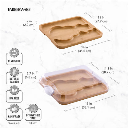 Farberware Build-A-Board Bamboo Cutting Board with Built-In Compartments & Clear Locking Lid, Black Handles, Charcuterie, Snack Tray, Food Prep and Serving Platter