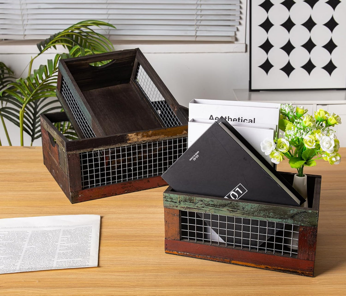 TIMRIS Set of 2 Rustic Wooden Countertop Baskets, Farmhouse Distressed Nesting Boxes, Small Decorative Wooden Storage Crates, Reclaimed Wood Organizer Baskets with Wire Mesh (Random)