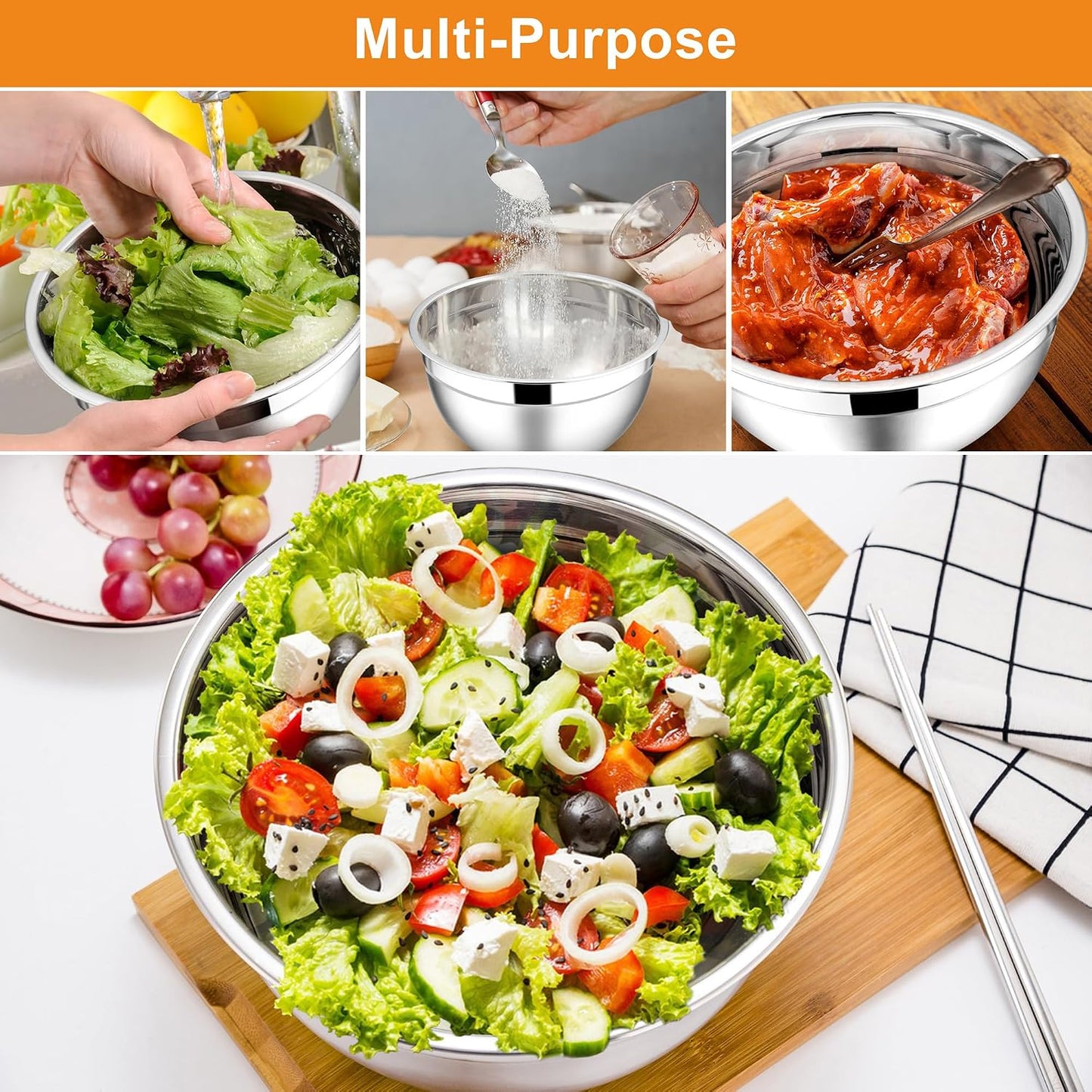 E-far Mixing Bowls With Lids Sets of 5, 10-Piece Stainless Steel Salad Metal Nesting Bowl for Baking Cooking and Prepping, Airtight Lid & Stackable Design, Size 4.6, 3, 2.1, 1.5, 0.7 QT, Black