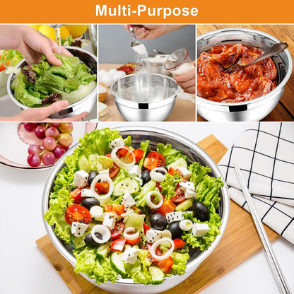 E-far Mixing Bowls With Lids Sets of 5, 10-Piece Stainless Steel Salad Metal Nesting Bowl for Baking Cooking and Prepping, Airtight Lid & Stackable Design, Size 4.6, 3, 2.1, 1.5, 0.7 QT, Black