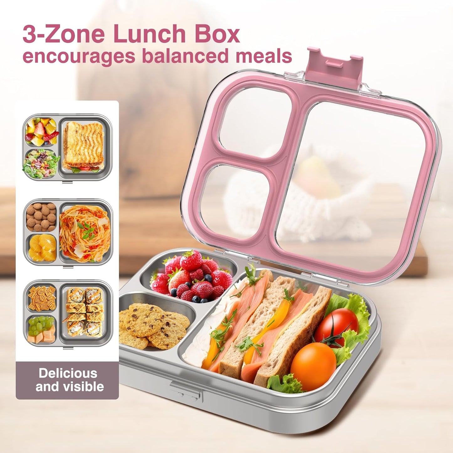 HOMEKOL Stainless Steel Bento Lunch Box, 3-Compartment Leak-Proof Lunch Container for Kids & Adults, BPA/BPS-Free 304 Metal Food Box, Dishwasher Safe, Clear Tritan Lid, Green (Not Insulated)