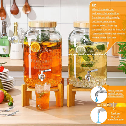 Honeydak 2 Pack 2.6 Gallon Glass Drink Dispenser for Parties, Large Beverage Dispensers with Wooden Stand, Lid & Stainless Steel Spigot, Leakproof Lemonade Dispenser for Weddings, Bar, Juice, Iced Tea