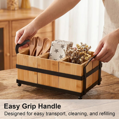 Silverware Caddy with 4 Removable Bamboo Compartments, Wood Utensil Holder & Paper Plate Dispenser for Countertop Organizing, Flatware, Spoons, Forks, Parties, BBQs, Picnics