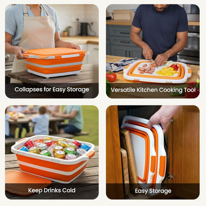 BBQ Prep Tub 2 Pack (8L+8L) - Multifunctional Collapsible Camping Cutting Board with Upgraded Locking Lid, Meal Prep Meat Storage Container Perfect for Grilling, Outdoor Cooking (Large x 2)