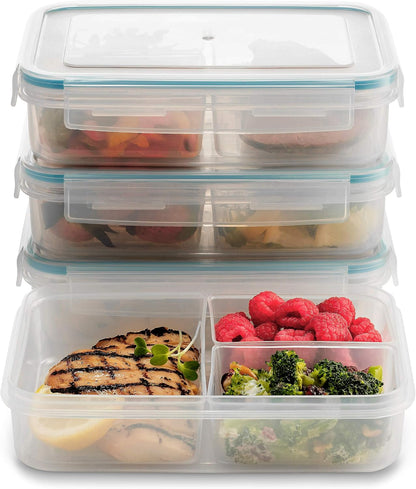 Komax Biokips Set of 5 Lunch Containers – 3 Compartment Food Container for Meal Prep, Portion Control – Microwave & Dishwasher Safe Bento Box Adult Lunch Container w/Locking Lid (37 oz)
