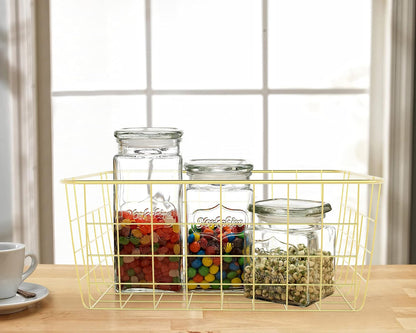 Gold Wire Baskets for Organizing, Metal Storage Baskets with Handles, Sturdiness Small Wire Storage Basket Organizer Bins for Pantry Kitchen Bathroom, 4 Pack