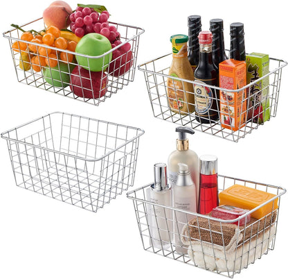 JUNCHU CHERRY Wire Kitchen Storage Basket 4 Packs,Perfect Pantry Organization Accessories Baskets,Laundry Basket,Countertop Organization,Suitable for Kitchen,Bathroom,Bedroom,Tabletop,Stackable,Chrome