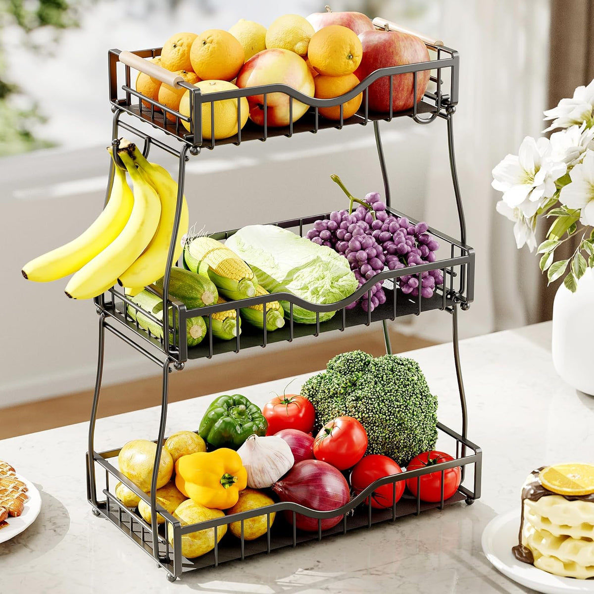 3 Tier Fruit Basket for Kitchen Countertop with 2 Banana Hangers,Detachable Metal Fruit Bowl with Wooden Handles and Protective Pads,Large Capacity Fruit and Vegetable Basket Organizer,Black