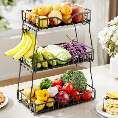3 Tier Fruit Basket for Kitchen Countertop with 2 Banana Hangers,Detachable Metal Fruit Bowl with Wooden Handles and Protective Pads,Large Capacity Fruit and Vegetable Basket Organizer,Black