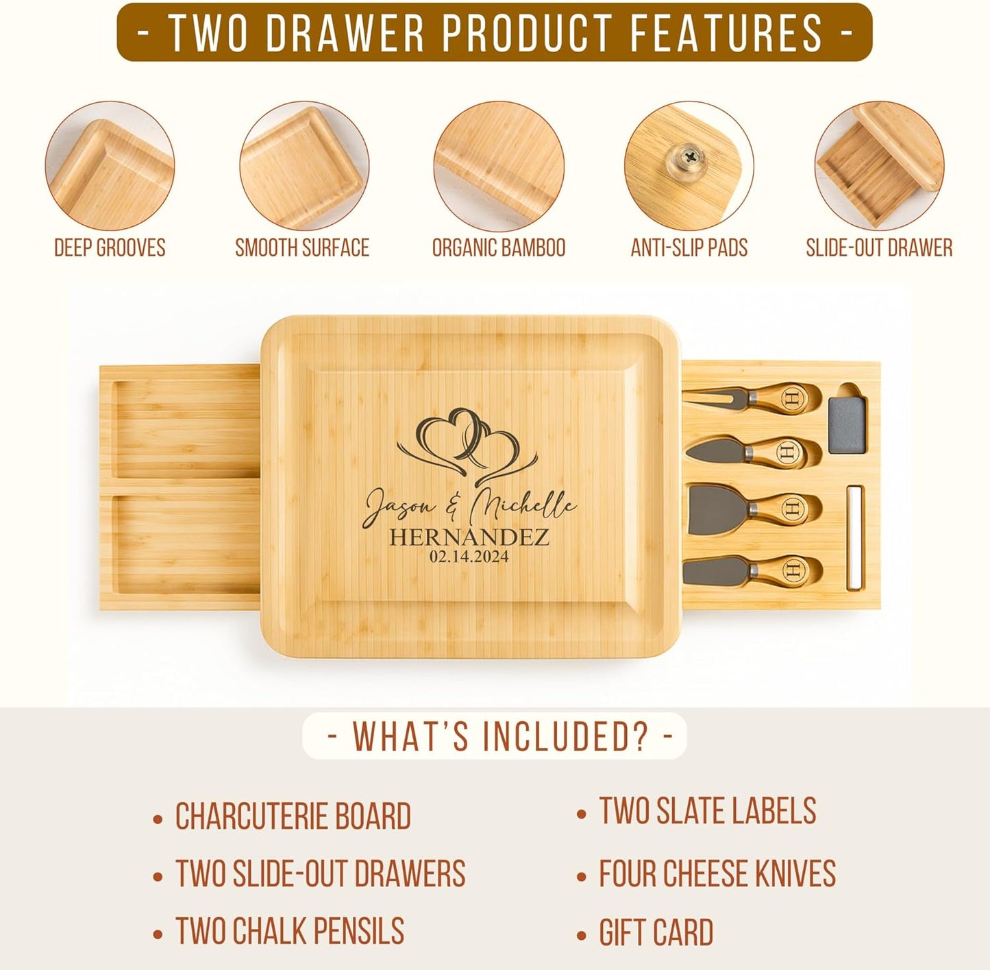 Personalized Bamboo Charcuterie Board Set with Accessories – Custom Large Serving Tray with Knives for Wedding, Anniversary, Bridal Shower, Women, Housewarming, Engagement, Couples, Mother’s Day Gifts
