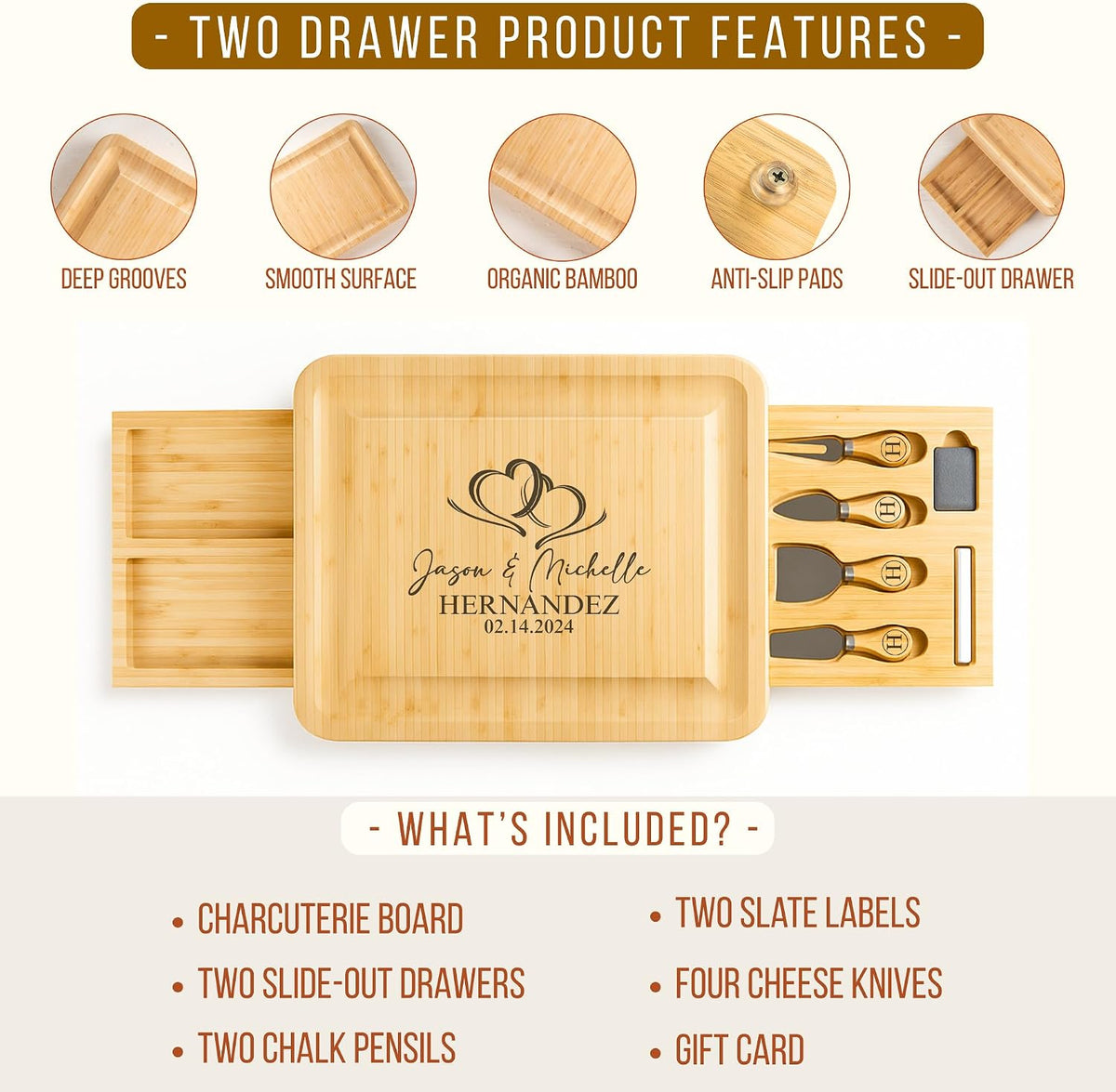 Personalized Bamboo Charcuterie Board Set with Accessories – Custom Large Serving Tray with Knives for Wedding, Anniversary, Bridal Shower, Women, Housewarming, Engagement, Couples, Mother’s Day Gifts