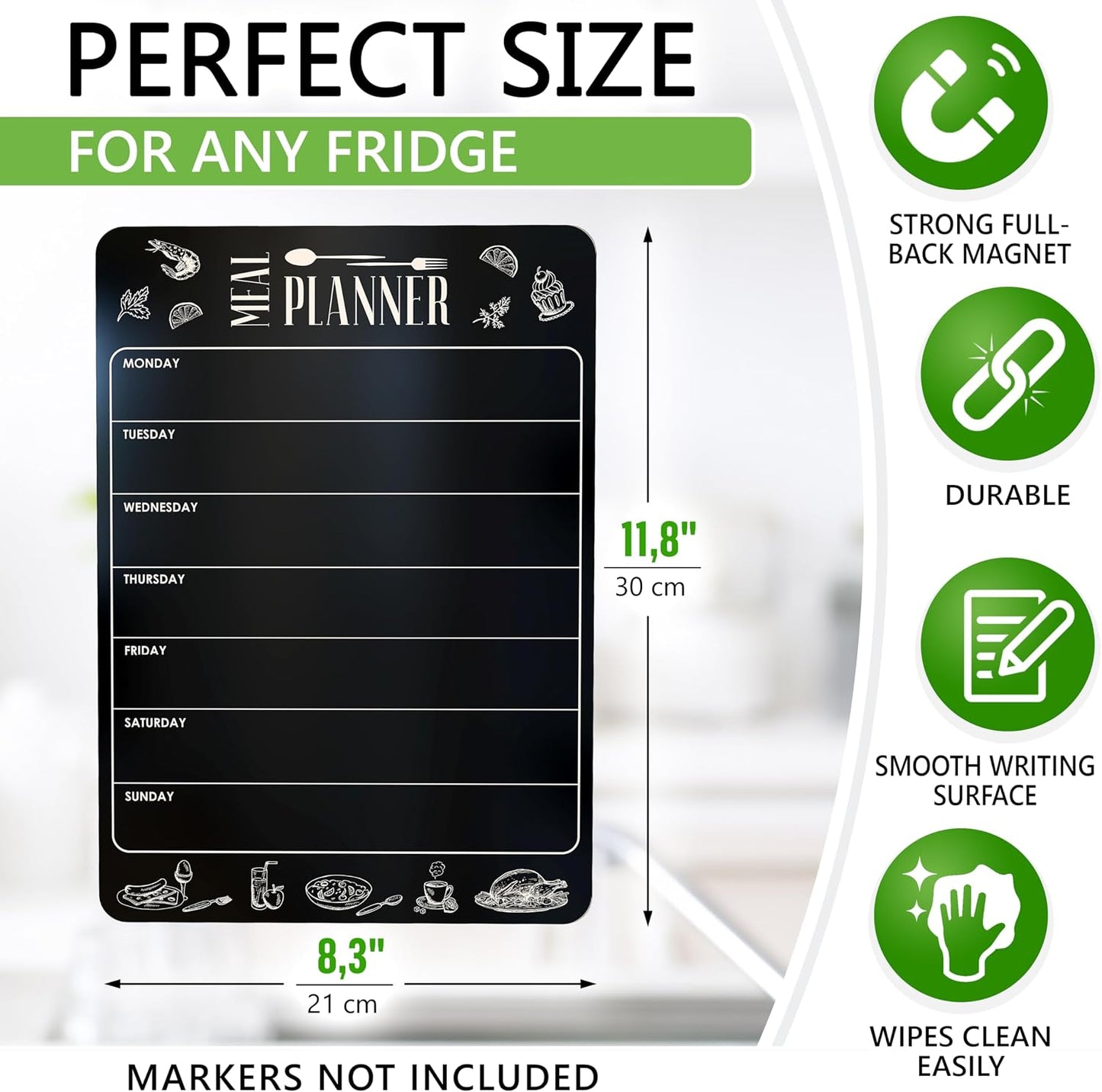 Weekly Dinner Menu Board for Kitchen A4-8.5x12 Black Magnetic Weekly Meal Planner for Fridge Dry Erase Weekly Menu Boards Magnetic Menu for Refrigerator Food Menu Boards Week Chalkboard Menu Board