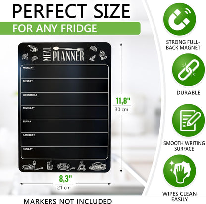 Weekly Dinner Menu Board for Kitchen A4-8.5x12 Black Magnetic Weekly Meal Planner for Fridge Dry Erase Weekly Menu Boards Magnetic Menu for Refrigerator Food Menu Boards Week Chalkboard Menu Board