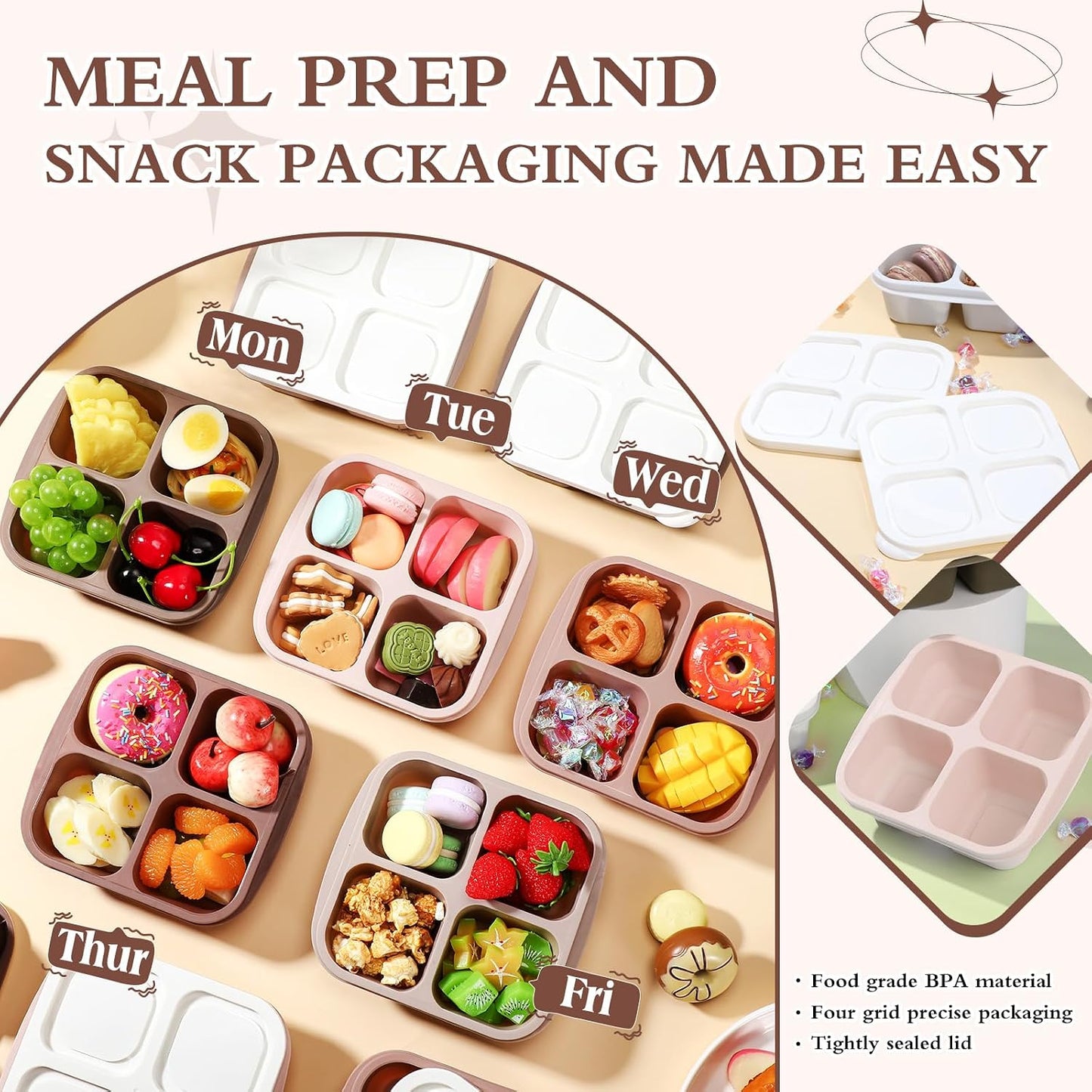 Honeydak 10 Pack Bento Snack Containers 4 Compartment Snack Boxes Reusable Containers with Lids Divided Meal Prep Lunch Food Storage Box for School Work Travel