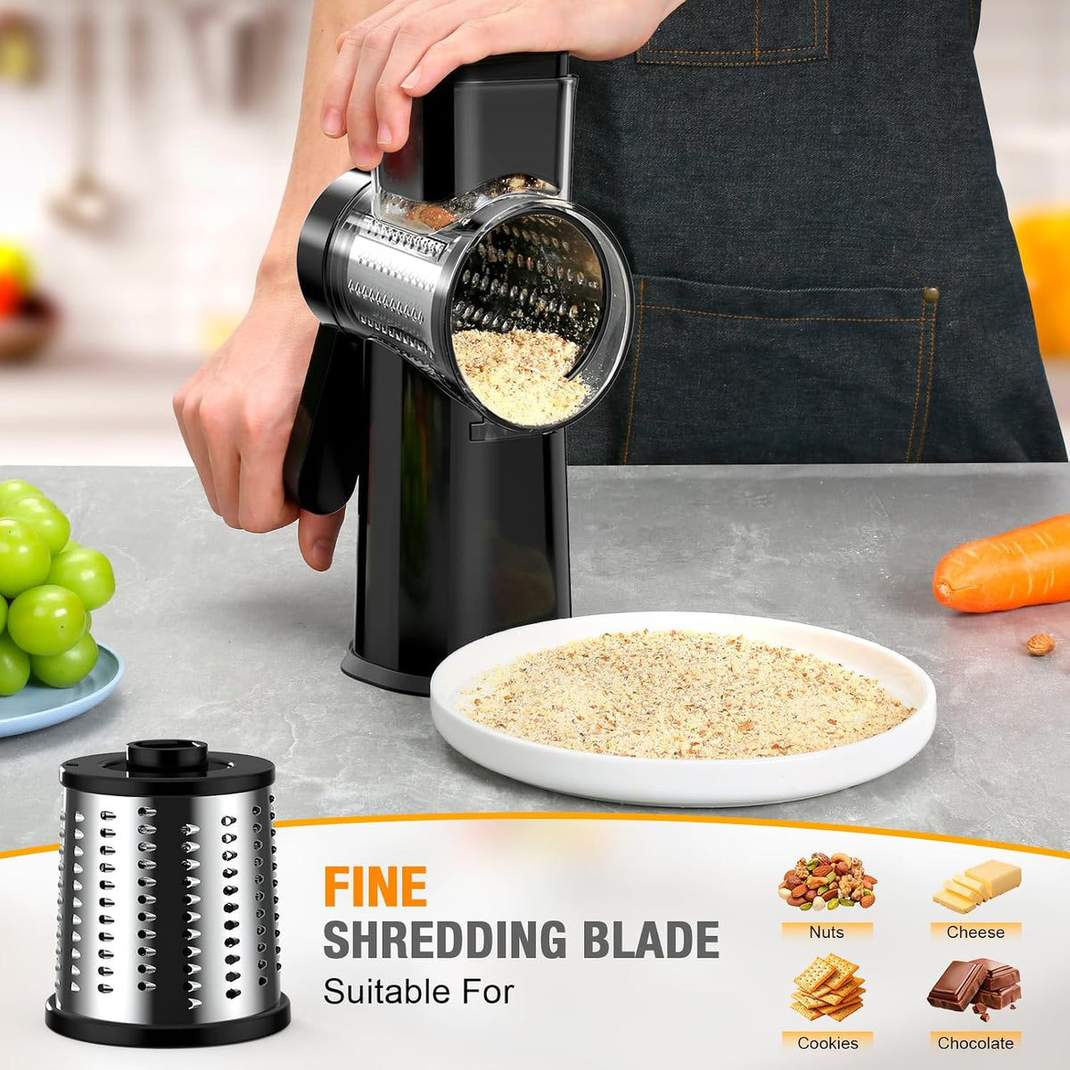 Ibergrif Rotary Cheese Grater Hand Crank– Manual Vegetable Slicer Mandoline with Foldable Handle, Rotary Grader with 3 Interchangeable Blades, Manual Cheese Shredder with Suction Base