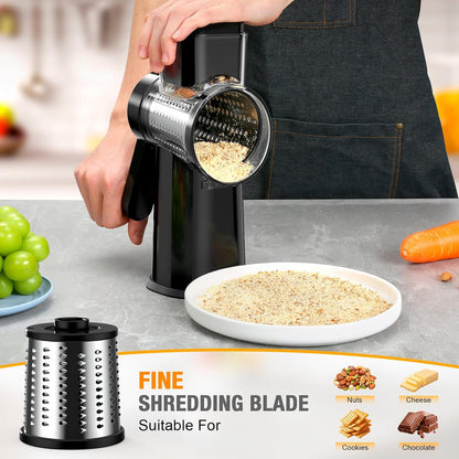 Ibergrif Rotary Cheese Grater Hand Crank– Manual Vegetable Slicer Mandoline with Foldable Handle, Rotary Grader with 3 Interchangeable Blades, Manual Cheese Shredder with Suction Base