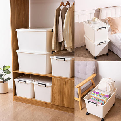 3 Extra Large Storage Bin with 4 Quiet 360° Swivel Casters - 55cm Heavy Duty Organizer with Snap-On Lid, Dust-Proof Moisture-Proof, Stackable Design for Living Room, Bedroom, Study