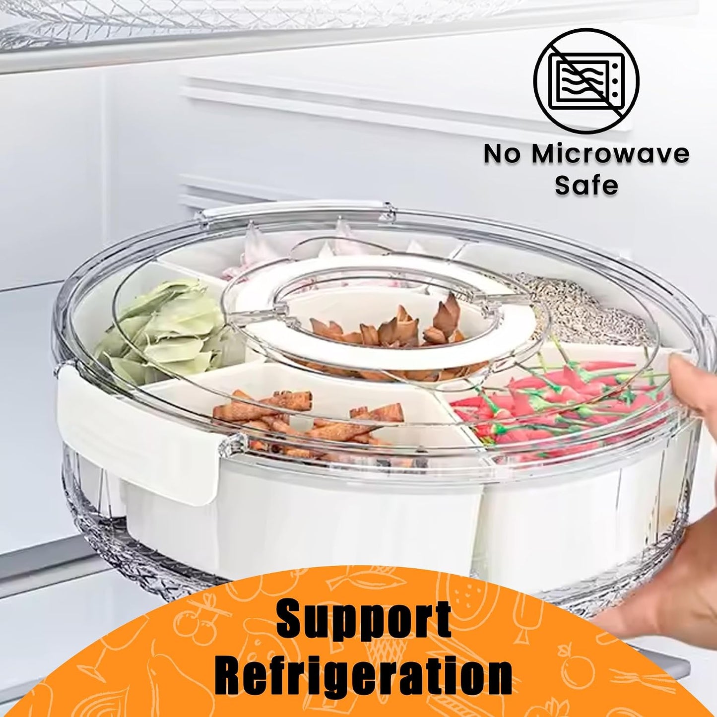 Rotating Snackle Box Container for Kids, Divided Rotating Serving Tray with Lid and Handle, Veggie Tray with Lid for Fridge, Rotating Food and Fruit Tray (small 10")