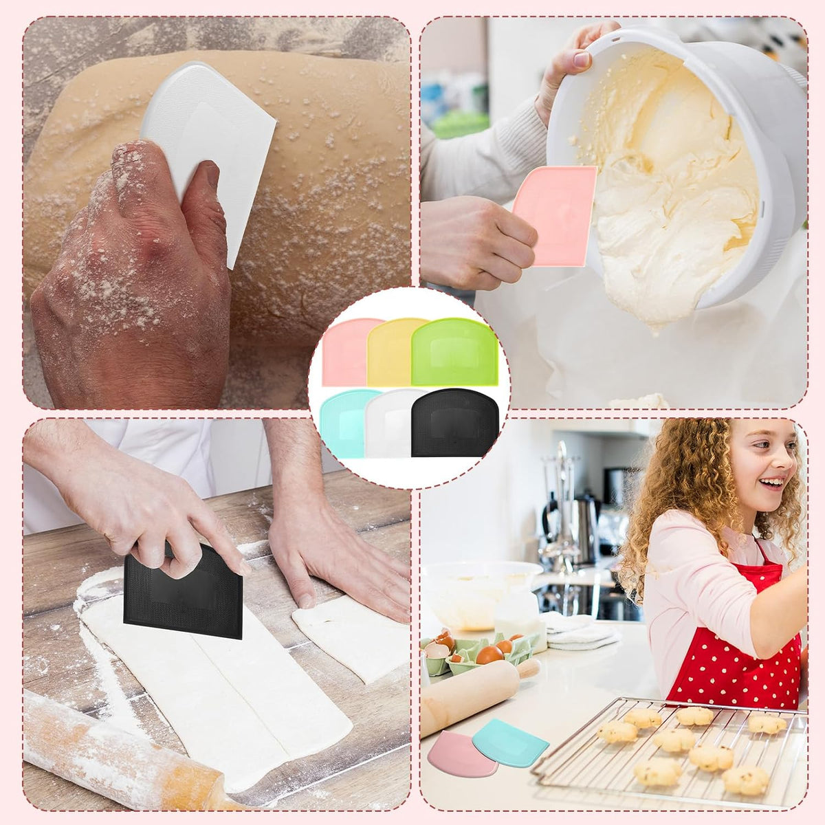 24 Pcs Plastic Dough Scraper Set Multipurpose Bench Cake Cutter Flexible Scraper Spatula for Cake Bread Pizza Food Pastry Icing Kitchen Baking Tool, 6 Colors