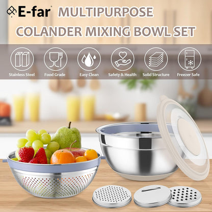 E-far Colander with Mixing Bowl Set, 4-1 Stainless Steel Colander Strainers Bowl with Graters for Kitchen, Rotatable Food Strainer Bowl for Rinsing Fruits Vegetables/Draining Pasta - Black