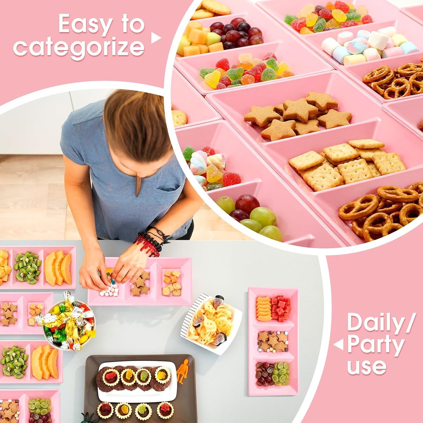 Ziliny 20pcs Black 3 Section Serving Tray Bulk Serving Dish Compartment Appetizer Tray Plastic Dessert Platter Divided Disposable Plate for a Tini Bit Older Party
