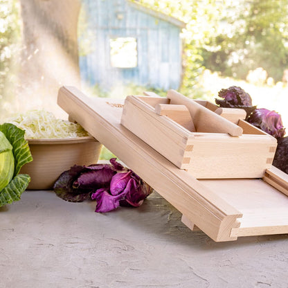 Traditional Wooden Cabbage Shredder Slicer with Hand Guard for Finely Cut Sauerkraut and Coleslaw - Heirloom Quality - Made in Europe - Beech Wood - Stainless Steel Blades