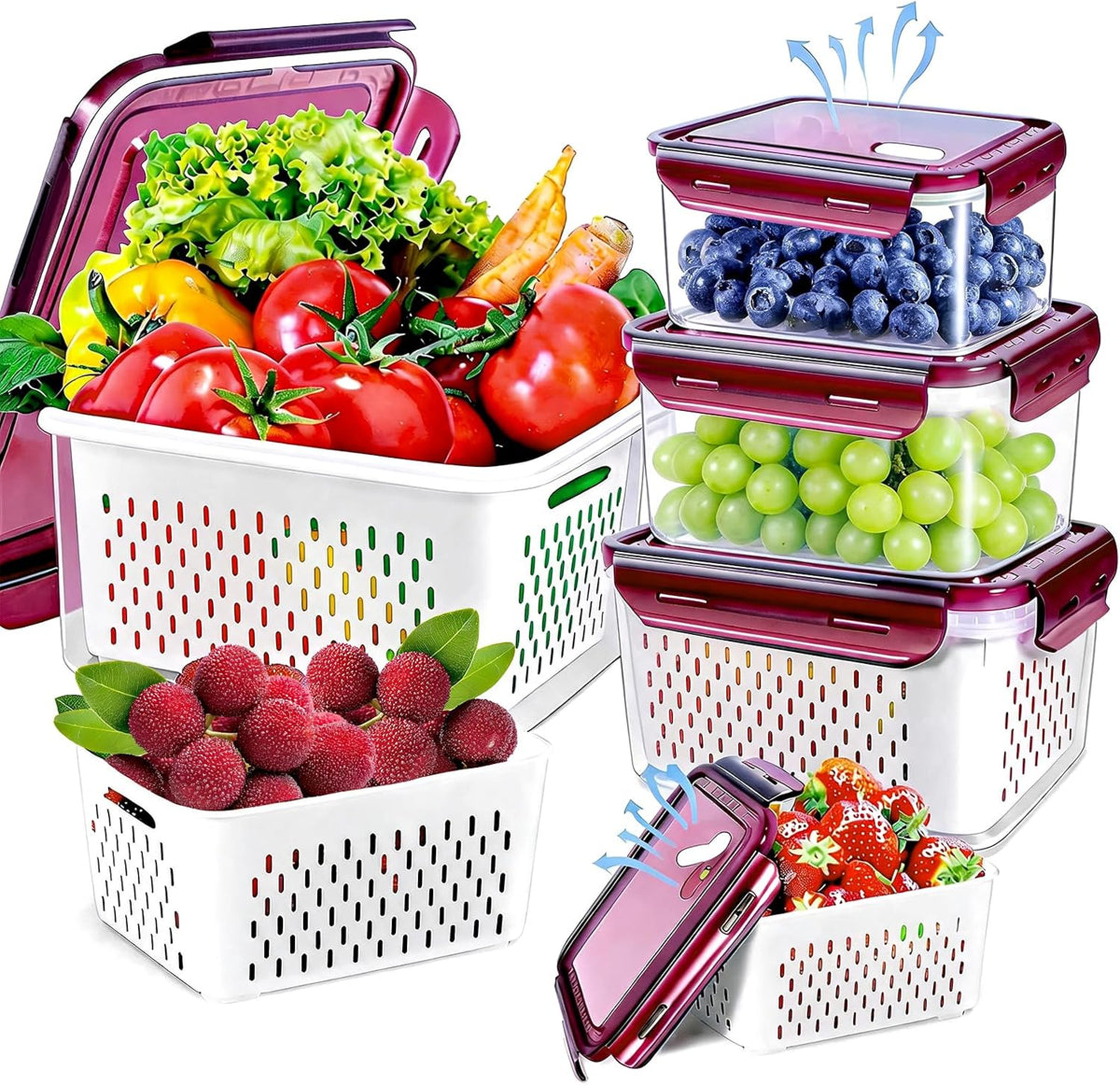 12 Pieces Fruit Storage Containers For Fridge with Removable Colanders