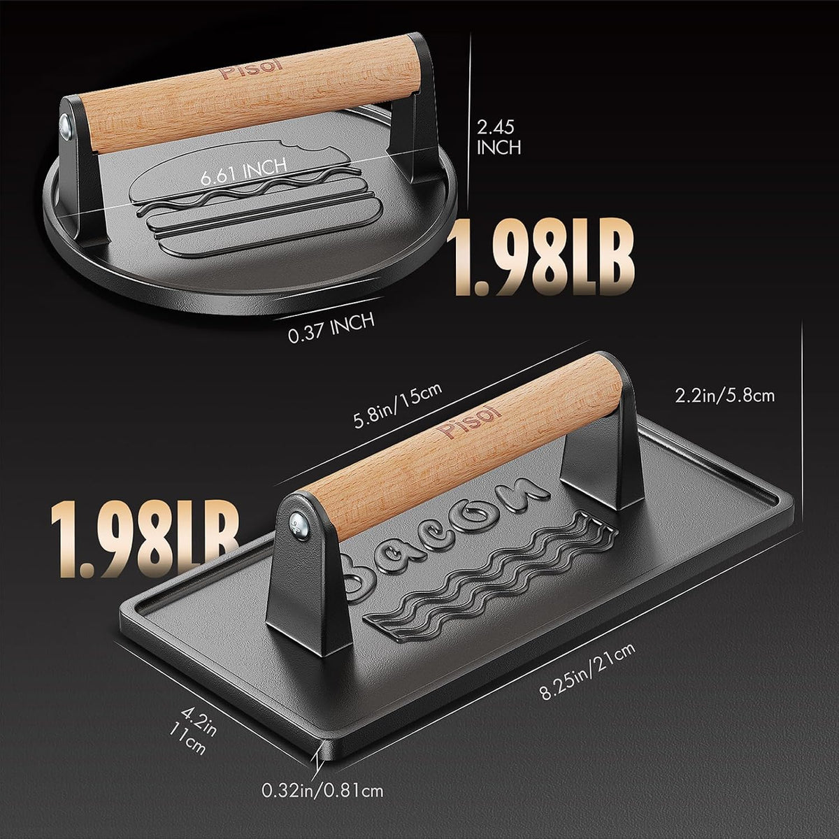 Pisol Cast Iron Smash Burger Press, Steak Weight Bacon Meat Press Tool