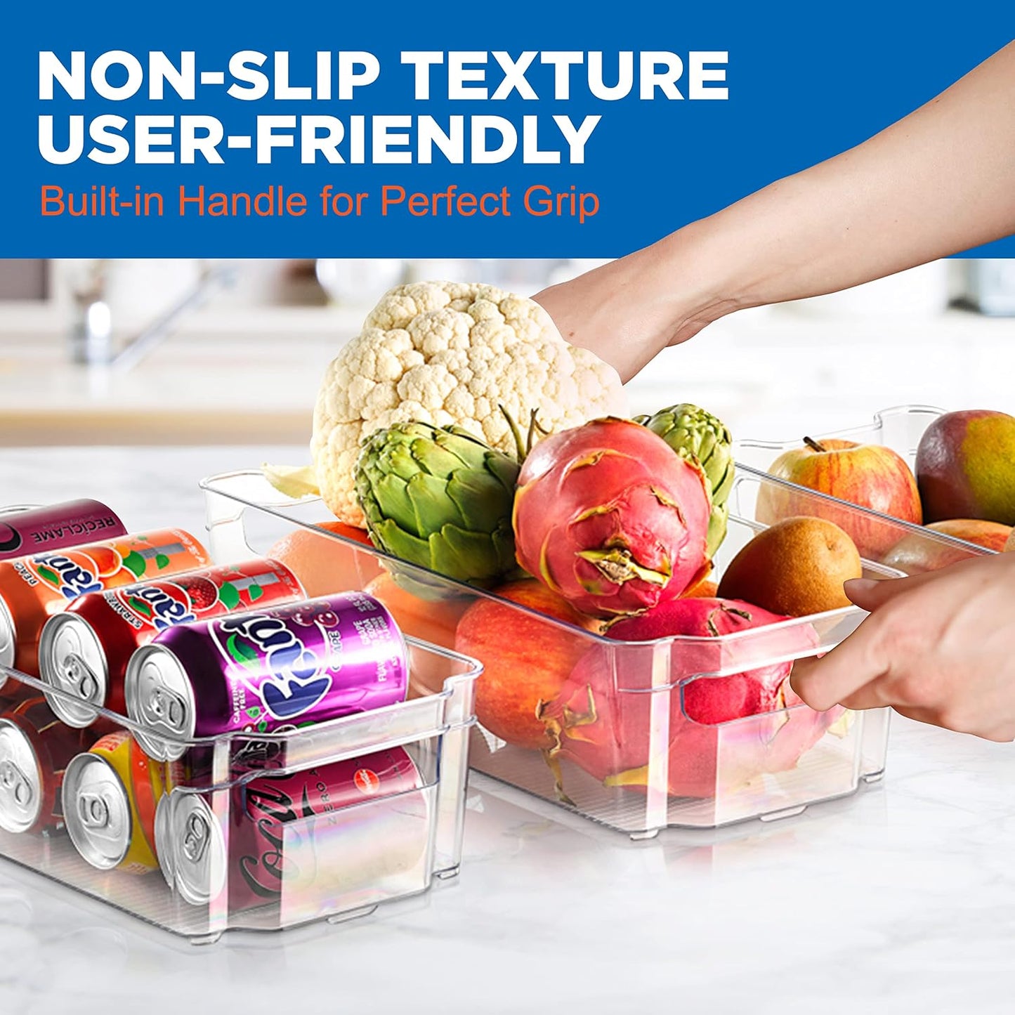 NutriChef Refrigerator Organizer Bins 6-Piece - Plastic Storage Bins with Egg Holder - For Fridge, Freezer, Kitchen, Cabinet, Countertops, Pantry - Stackable Food & Drink Containers, 14.5"x7" - Clear
