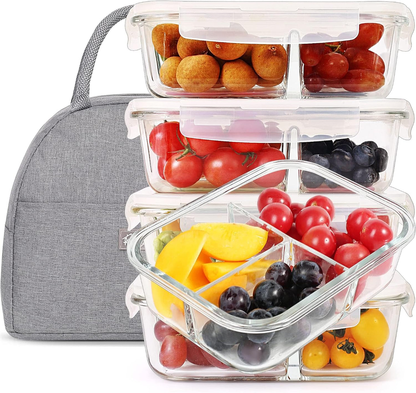 DAS TRUST 5 Pack 36oz Bento Box Glass Meal Prep Containers 3 Compartments Glass Food Storage Containers with Lids Meal Prep Bowls Lunch Box Glass Food Prep Containers Lunch Container for Oven