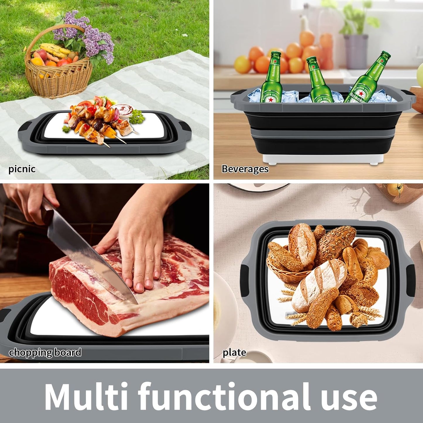 XL Collapsible BBQ Prep Tub with Lid (4.22 Gal / 16L) – Foldable Cutting Board Basin, Camping Sink & Food Storage Bin, Multipurpose Dish Tub for Meat, Fruit, Vegetables – Black