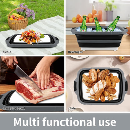 XL Collapsible BBQ Prep Tub with Lid (4.22 Gal / 16L) – Foldable Cutting Board Basin, Camping Sink & Food Storage Bin, Multipurpose Dish Tub for Meat, Fruit, Vegetables – Black