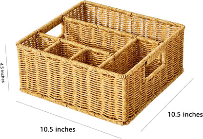 Berdeng Utensil Holder for Party, Paper Plate Dispenser for Countertop, Silverware Caddy for Picnic, Cutlery Holder for Kitchen Camping Buffet, Wicker Basket with 6 Compartments