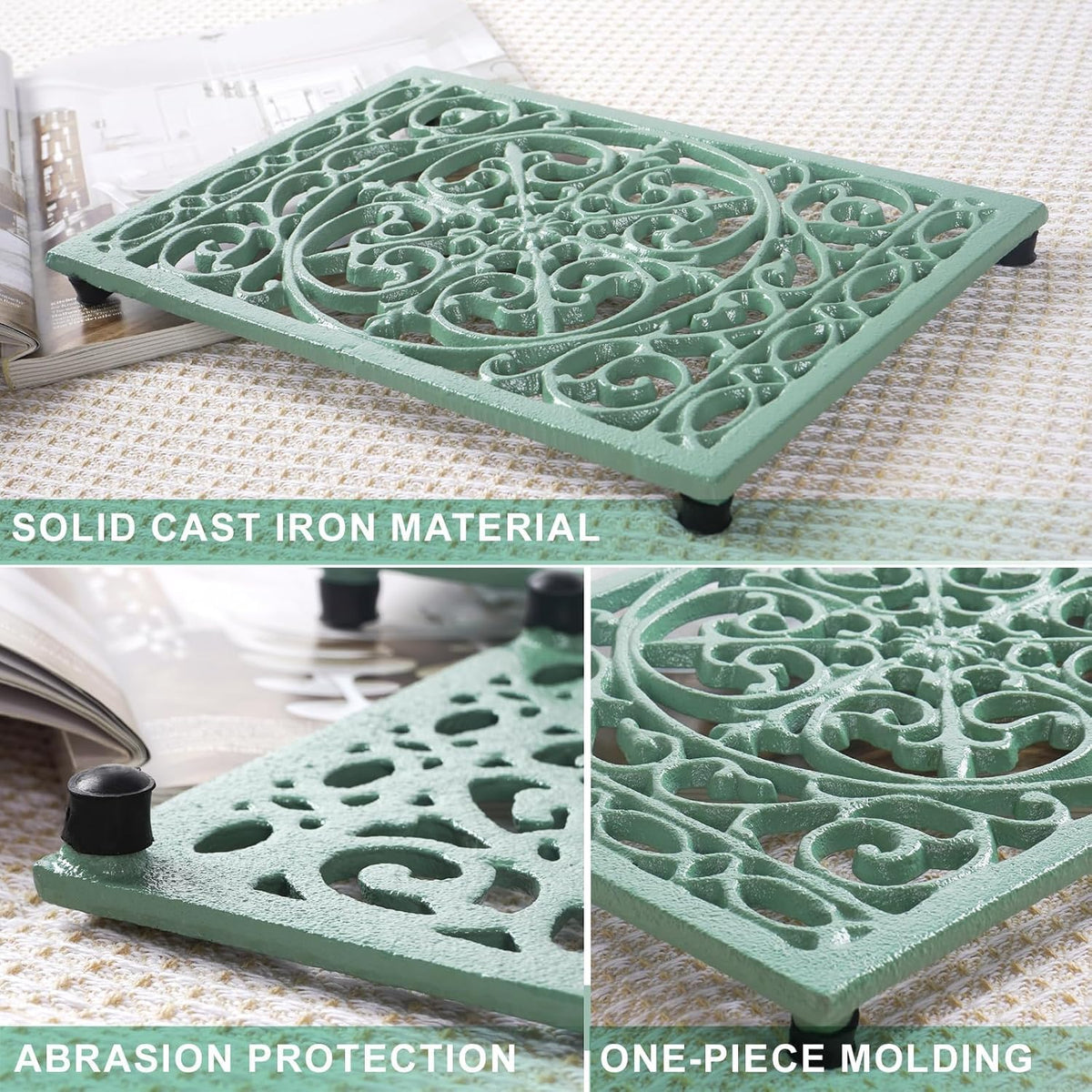 Notakia 9.6 x 6.3 Inch Cast Iron Trivet Set, Large Metal Trivets for Hot Dishes Pots Pans Decorative Kitchen Trivets, Heat-Resistant Trivet Mats for Quartz Countertops, Green Kitchen Accessories